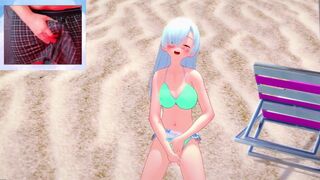 Elizabeth Liones gets cought masturbating at the beach and creampied by big tit futa