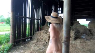 Naked girl came to the hayloft in the collective farm