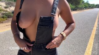 Hot girl flashing in public with overalls