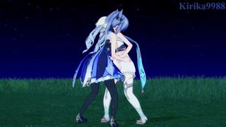 Lumine and Keqing engage in intense lesbian play in a meadow at night. - Genshin Impact Hentai