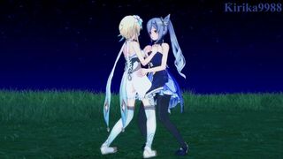 Lumine and Keqing engage in intense lesbian play in a meadow at night. - Genshin Impact Hentai