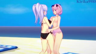 Yagyū and Hibari engage in intense lesbian play on the beach. - Senran Kagura Hentai