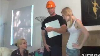 Mom And Teen Jerk Off The Electricity Guy For Good