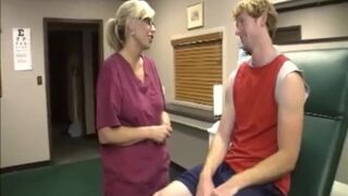 Blonde nurse strokes a big cock asking for a big cum