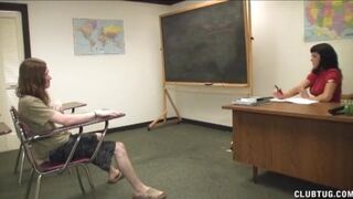 A hot teacher gives her student a great handjob in the classroom