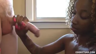Ebony Tugs - Shy Ebony Gives A Topless Handjob