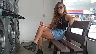 young latina goes crazy and does exhibitionism in the public laundry - real amateur exhibitionism
