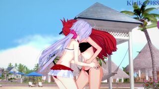 Kanade Amō and Chris Yukine engage in intense lesbian play in the pool. - Symphogear Hentai