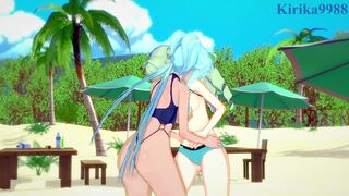 Saint-Germain and Cagliostro engage in intense lesbian play on the beach. - Symphogear Hentai