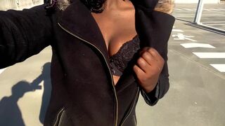 Juicy ebony masturbates on car ride then flashes & pisses in public car lot