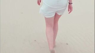 Risky Public Beach Pussy Flashing & Blowjob Cumshot | Redhead White Dress