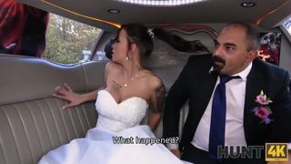Excited girl in wedding dress fools around not with future hubby