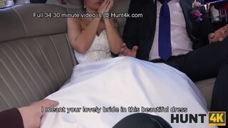 Excited girl in wedding dress fools around not with future hubby