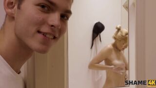 Horny guy loses mind and fucks stepmoms friend in the bathroom