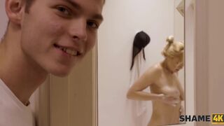 Boy follows mature blonde to the shower room and fucks her