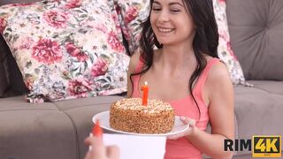 Small-tittied babe congratulates guy on anniversary by rimming