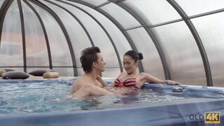 Old guy tenderly fucks sexy brunette after relax in the jacuzzi