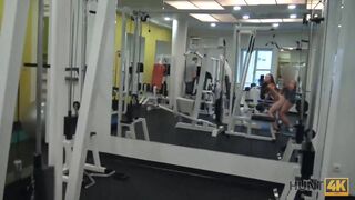 Cute girl instead of training has sex in gym with rich hunter