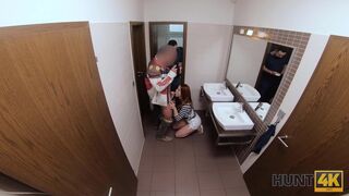 For cash cuck permits hunter to fuck red-haired GF in restroom