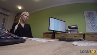 Smart young chick comes to loan office with shaved pussy