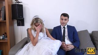 Curly blonde is enjoying sex while cuckold groom is watching