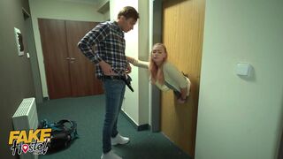 Cute Teen Stuck in a Door Happily Fucked by two Boys