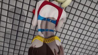 Harley Quinn is fucked in doggy style until cumming on her back next to the W.C by a fat man