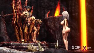 Alien fucks hard a sexy blonde in her ass in the fire cave