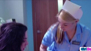Two horny nurses give patient oral exam