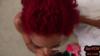 Tattooed and pierced redhead babe rides and blows POV cock