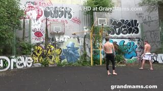 Horny Granny Fucks Basketball Twinks in Public