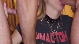 Awesome double blowjob from a hot blonde. Slut wife sucks two cocks in front of a cuckold