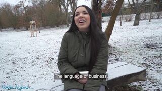 Spanish Brunette Flashes Big Natural Tits in the Snow