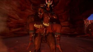 Juicy dark skinned babe in a charming robe satisfies a huge monster cock of the minotaur - Wild Life