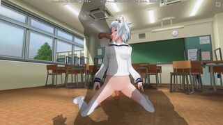 3D HENTAI Neko schoolgirl fucks with two teachers in the classroom