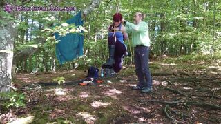 Shibari “Running Girl” pose in public forest, spanking & humiliating