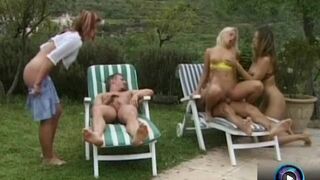 Three nymphos take pleasuring their horny cunts beside the pool outdoors
