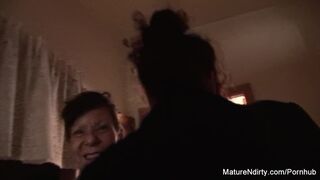 Brunette Grandma Blows the Cameraman while her Friend Watches