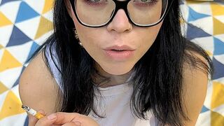 Legendary Busty Pornstar Shione Cooper Smoking in Your Face in Glasses Like a Nerdy Girl and Bouncing Boobs Next and Boobs Play