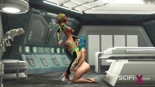 Futa alien plays with a young busty sexy hottie in the sci-fi lab