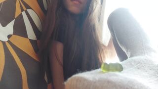 Giantess plays with you in her socks before swallowing you