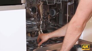 Angel interrupts repairer and starts licking his ass by the dishwasher