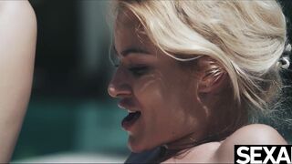 Sexy blonde gives a hot blowjob and rides to a creampie orgasm