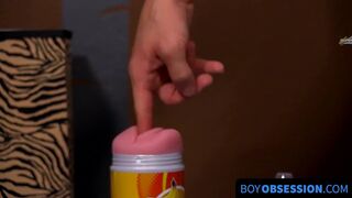 Youthful toy darling dealing with his enormous dick with a fleshlight
