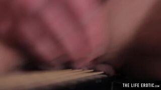 Watch this horny brunette grind her guitar against her pussy