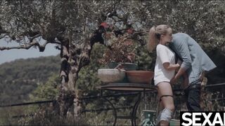 Cute blonde gives her boyfriend an eager suck and fuck outdoors