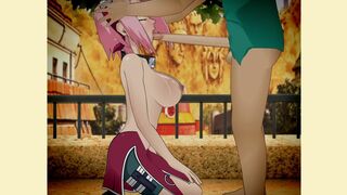 Sakura Deepthroating Huge Cock Balls Deep During a Quick Sloppy Blowjob Before a Mission