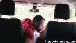 Stepson getting without any protection hard by daddy inside the vehicle