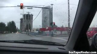 Public slut sucks cock in the car while stopped