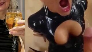 Skin Tight Shiny Rubber Latex Dress Porn Slut Pascal Walking to Room in Hotel Service